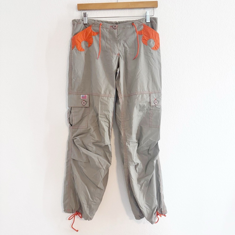 Vintage UFO Cargo‎ Parachute Pant Womens XS Gray Orange USA Flag Patch Y2K Rave